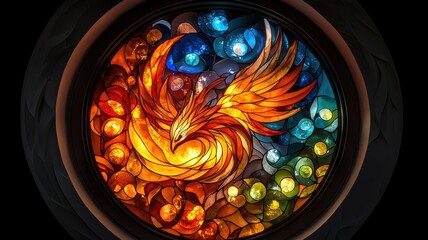 vibrant stained glass artwork featuring a majestic phoenix surrounded by colorful orbs, representing