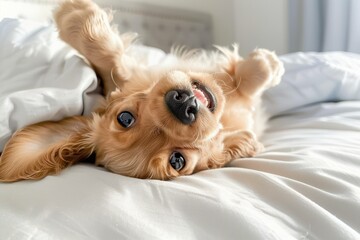 Playful Pup on the Bed A cocker spaniel puppy lying on his back on the bed indoors, looking towards the camera being playful.