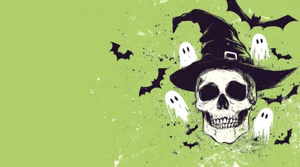 A spooky artwork illustrating a skull with a witch hat surrounded by ghosts and bats on a grungy green background, capturing the eerie essence of Halloween.