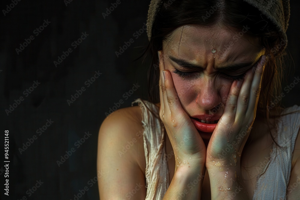 Sad desperate grieving crying woman with folded hands and tears eyes on ...