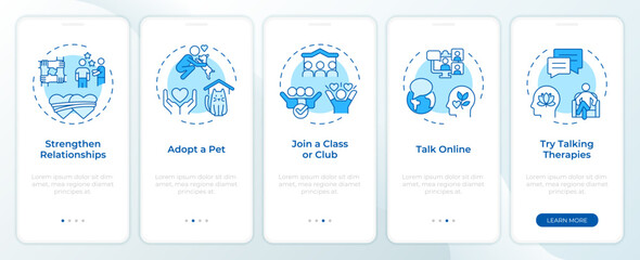 Wall Mural - Reduce loneliness approaches blue onboarding mobile app screen. Walkthrough 5 steps editable graphic instructions with linear concepts. UI, UX, GUI template. Montserrat SemiBold, Regular fonts used