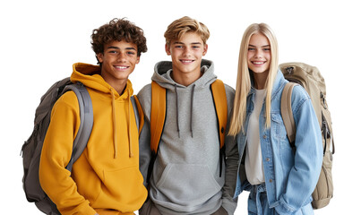 Teenagers with backpacks in casual clothing.