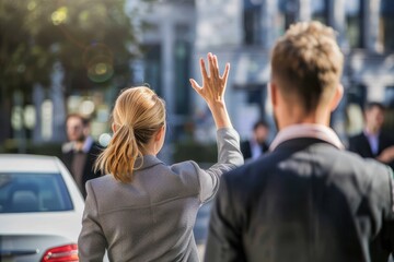 Rear view of a businesswoman waving to her colleagues on the street. Back view of a businesswoman waving to her male colleagues on the street.