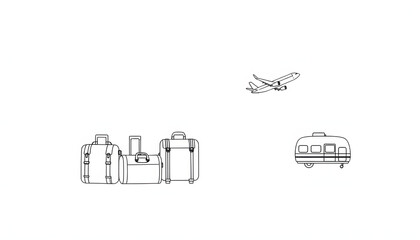 Set of continuous one line drawing of a travel theme. One line of suitcases, airplane, camper, map isolated on white background. Travel concept. Vector illustration isolated with white highlights, p