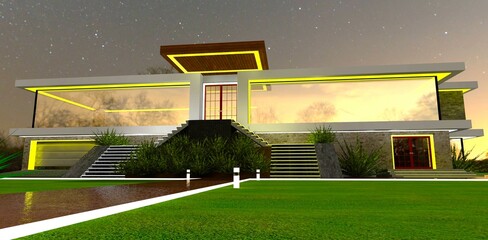 Pathway to the entrance of an attractive country house with yellow night facade lighting. Reflection of the orange sky in the glass facade. 3D rendering.