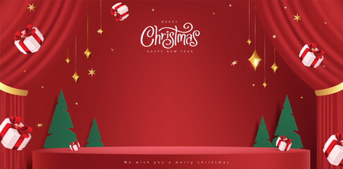 Wall Mural - merry christmas banner with stage product display cylindrical shape and festive decoration for chris