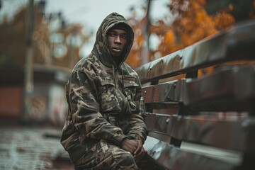 Sticker - a man in camouflage sitting on a bench