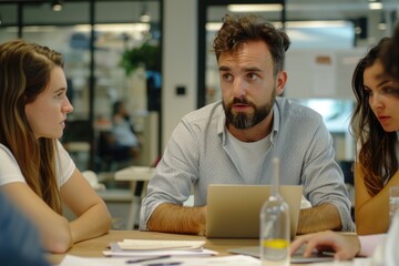 Poster - People gathered around a laptop discussing work or project, possibly remote team collaboration