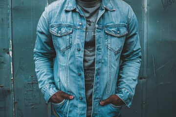 a man wearing a jean jacket standing in front of a wall