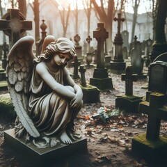 Wall Mural - Stone statue in a cemetery surrounded. Sad grieving angel in graveyard with old destroyed crosses and tombstones.