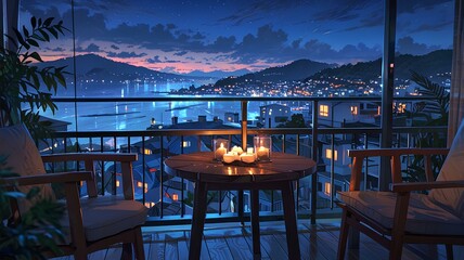 summer holidays vibes, night shot of a chill out balcony with candles in the table, the background of the balcony is an amazing summer city.