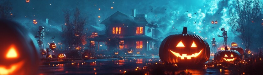 High-tech Halloween decorations with neon colors, showcasing animated, glowing skeletons and digital pumpkins in a futuristic suburban setting