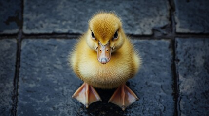 Charming and Adorable Yellow Duckling Happily Sitting on Wet Pavement Under the Sky