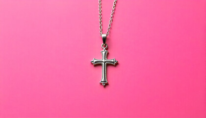 Wall Mural - A silver cross pendant on a chain against a pink background