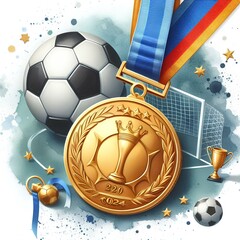 Soccer gold medal with ribbon. Winner concept. World championship cup. Euro 2024. Sport bet, football match betting.