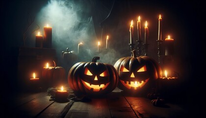 Wall Mural - two evil jack-o'-lanterns among candles in a gloomy setting