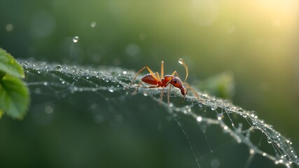 : An ant climbing a dew-covered spiderweb at dawn --ar 3:2 --v 4