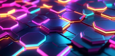 Wall Mural - Abstract neon glowing hexagon background, colorful and vibrant.