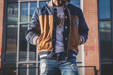 Wall Mural - a man wearing a jacket and jeans standing in front of a building