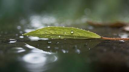 A close-up of a single leaf, with a large raindrop delicately balanced on its surface, shimmering under soft daylight --ar 3:2 --v 4