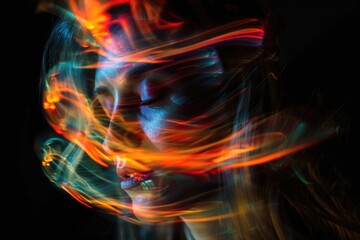 Poster - A woman's face with vibrant light effects, perfect for illustrations or designs where creative energy is needed