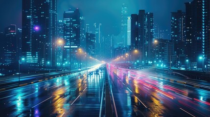 Aufkleber - Road to modern city, at night. Generative AI.