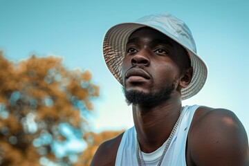 Wall Mural - a man wearing a hat and a white tank top