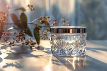 Poster - A clear glass jar with a silver lid sits on a table, ready for use