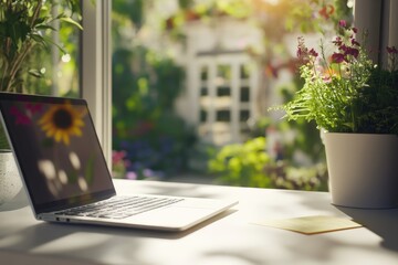 Poster - Laptop on a Windowsill with a Sunny View