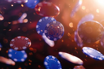 Poster - Poker chips flying through the air, various denominations and designs