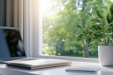 Poster - Laptop and Notebook on a Desk with a Window View