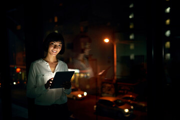 Aufkleber - Tablet, startup and portrait of business woman by city window for info, research and email on deadline. Tech, night and happy face of creative copywriter and entrepreneur working on article in USA