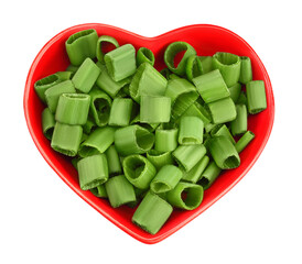 Wall Mural - Green onion in ceramic bowl isolated on the white background. Top view. Flat lay.