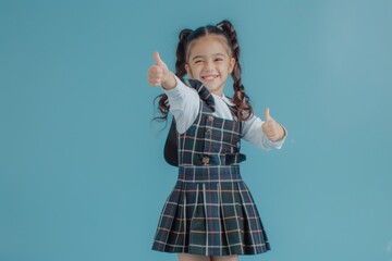 Wall Mural - A young student in a school uniform gives a thumbs up, conveying positivity and confidence