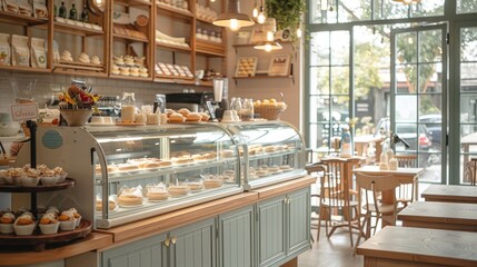 Poster - A charming and cozy dessert cafe featuring a variety of sweet treats on display. The interior is bright and inviting, with large windows allowing natural light. Generative AI.