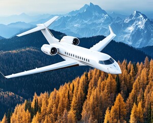 Wall Mural - Private jet flying over a forest, the trees below turning brown and withering as the plane passes, representing the harmful environmental consequences of luxury air travel