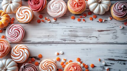 Poster - Halloween sweets concept, lollipops, cupcakes and donuts, small pumpkins lie on wooden white table along the edges, top view. Generative AI.