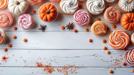Poster - Halloween sweets concept, lollipops, cupcakes and donuts, small pumpkins lie on wooden white table along the edges, top view. Generative AI.