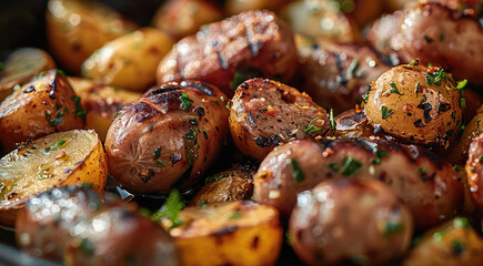 Poster - Close-up of savory grilled sausages and perfectly roasted potatoes, enhanced with a variety of herbs and spices. Generative AI.