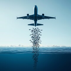 Wall Mural - Private jet with exhaust fumes transforming into dead fish and polluted water, illustrating the impact of CO2 emissions on marine ecosystems