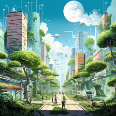 Futuristic Cityscape with Green Buildings  Trees  and Flying Vehicles