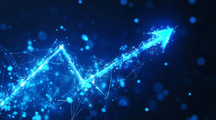 Poster - Abstract digital arrow pointing up and percent symbols on a technology-themed blue background. The growth arrow is composed of polygons, lines, and connected dots. Represents a discount or sale.