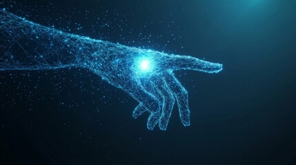 Wall Mural - Abstract digital human hand reaching out to a glowing dot. Low-poly vector illustration set against a dark blue technological background. Features a light wireframe connection structure, representing 