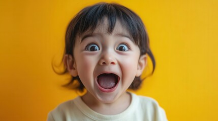 Aufkleber - A young child with dark hair enthusiastically shows joy with a big smile and wide eyes, clearly filled with delight. Generative AI