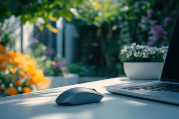 Poster - Laptop and Mouse on a Table with a Garden View