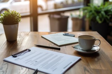 Poster - A cup of coffee sits on top of a wooden table, inviting you to take a break and relax