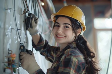 Poster - A woman in a hard hat is fixing a wall, a great stock photo for construction or building themes