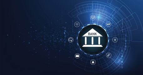 Leinwandbilder - Online banking technology concept.Isometric illustration of bank on electric circuit lines background.Digital connect system.Financial technology concept.Vector illustration.EPS 10.	