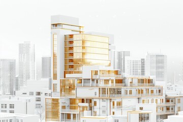 Poster - Urban skyscraper with numerous windows on the upper floors, suitable for use in cityscape or architecture illustrations
