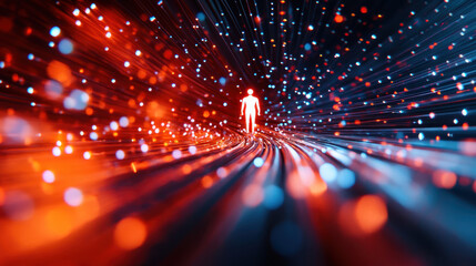 Poster - abstract representation of a lone figure illuminated by vibrant red and blue lights, emphasizing a s